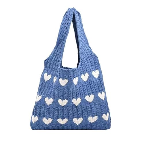 ZIBUYU® Crochet Heart Tote Bag for Women and Girls Y2K Aesthetic Knit Bag with Plush Charm Soft Spacious Hippie Beach Bag Cream with Red Hearts Ideal for Work School and Casual, Blue