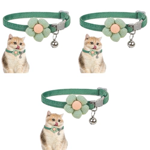 Qpets® Cat Collar Cute Flower with Bell Lovely Quick Release Adjustable Soft Plush Gift Green 3PCS