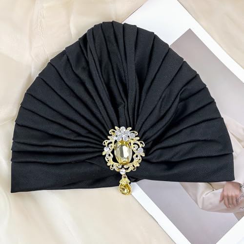 PALAY® Turban Cap for Women Skull Headwrap Alloy Crystal Tassel Hair Turban for Women Cozy Fabric Soft Head Cover Black Headwear for Wedding, Festival, Church