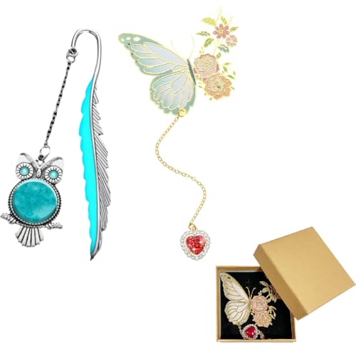 HASTHIP® Metal Feather Bookmark Glow in The Dark & Climberty Butterfly Heart Chain Metal Bookmark Combo for Books, Journaling, Planners, DIY, Gift for Women, Teachers, Students, Festivals