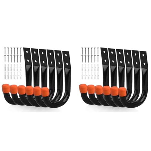 Serplex® Heavy Duty Garage Hooks For Hanging, 12PCS Metal Utility Wall Storage Hooks, Ladder Hooks, Wall Mount J Hooks With Anchors Screws, Metal For Garden Black