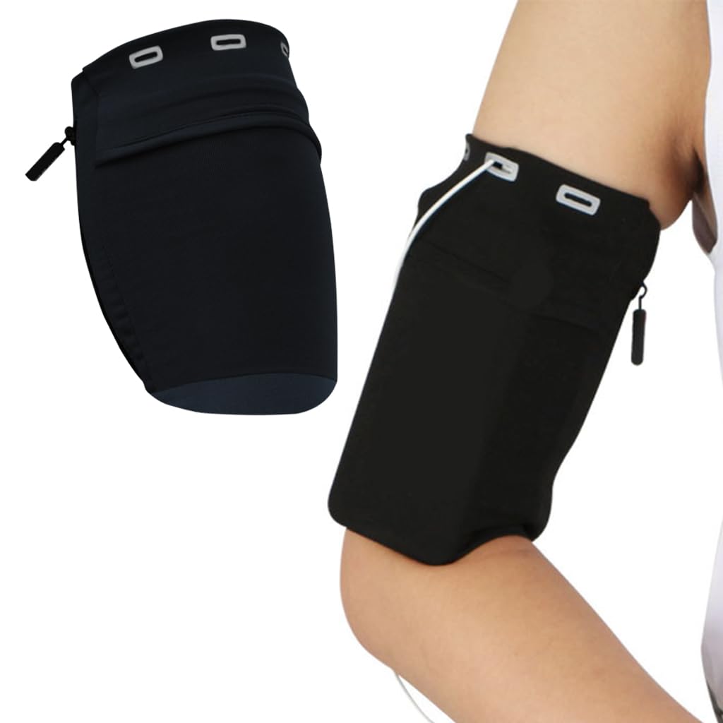 Proberos Running Armband for Workouts with Zipper Pouch and Earphone Hole | Black Stretchy Holder