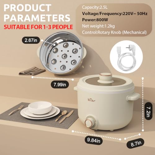 Bar® Electric Kettle for Cooking with Steamer 2.5L Electric Cooker Non-Stick Electric Rice Cooker Adjustable 800W Power Multifunctional Cooker for Frying, Steaming, Boiling