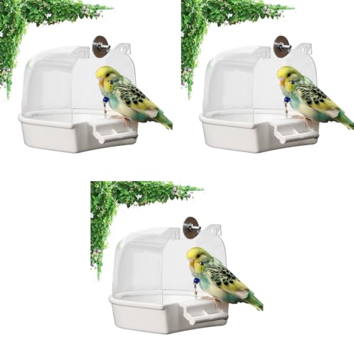 Qpets® Bird Bathing Box for Cage Clip On Bowl with Transparent Roof Anti-Splash Tub Plastic with Water Inlet Hole 14 x 14 x 13CM 3PCS