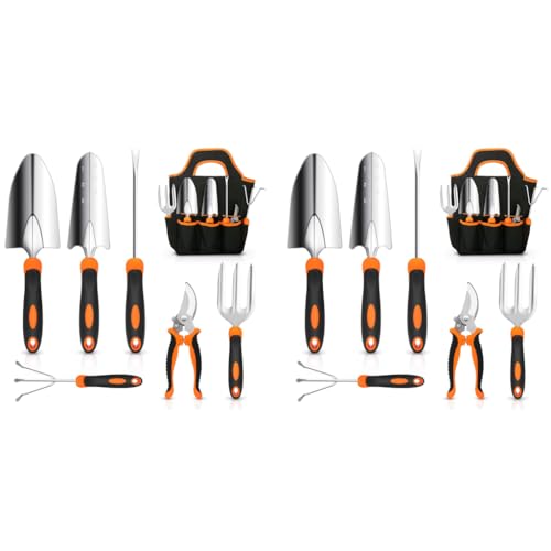 HASTHIP® Gardening Tools Set of 14PCS Heavy Duty Stainless Steel Garden Planting Home with Pruning Shear Fork Trowel Shovel Weeder Seeding Bag