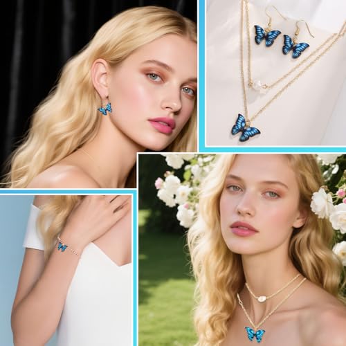 SANNIDHI® Italian Designer Platinum Plated Crystal Butterfly Earrings Chain Pendant Necklace Combo Jewellery Set for Women and Girls-Sapphire Blue