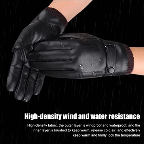 Proberos® Winter Gloves for Men PU Leather Fleece Warm Lining Touch Screen Fashion Driving Black Style 1 3PCS