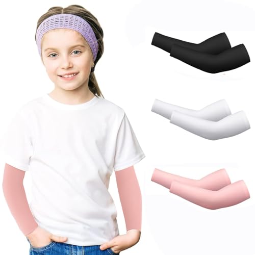 SNOWIE SOFT® 3 Pairs Kids Arm Sleeves Silk Arm Sleeves Sports Arm Sleeves for Sun Protection Kids Elastic Arm Sleeves Outdoor Kids Arm Sleeves for Kids 6-10 Years Old