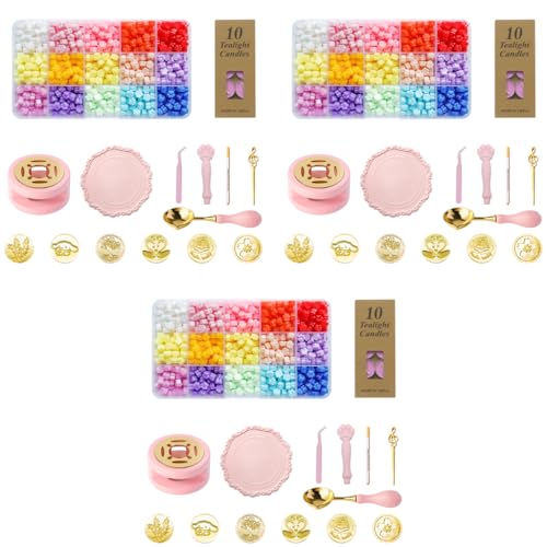 HASTHIP® Wax Seal Stamp Set 15 Multicolor Beads 6 Stamps Pink Cat Claw Handle Warmer Spoon Tweezers 10 Tealights Silicone Mat Craft DIY Gift Kit for Personalized Invitations Packaging 3 PCS