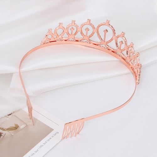 Venzina® Crown for Girls, Crown for Girls, Rhinestone Crown Tiara for Birthday Girls, Glitter Sash & Crystal Tiara Crown for Women, Girls Happy Birthday Crown, Birthday Party Tiara & Sash - Rose Gold