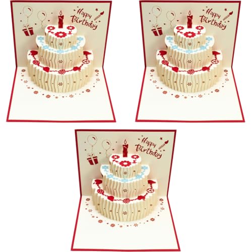 HASTHIP® Greeting Card for Birthday Pop-Up 3D with Envelopes Cake Happy Postcards Best Surprise Gift for Mom Wife Sister Boy Girl Red 3PCS