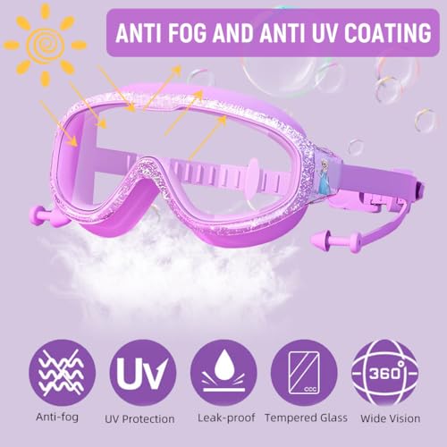 Proberos® Swimming Goggles for Girls 6-12 Years Old Cartoon Joint Payment UV Protection Anti-fog Coated HD Sparkling Framed with Intergrated Earplugs Adjustable Silicone Head Strap Storage Box 3PCS