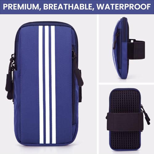 Optifit® Waterproof Phone Armband Arm Holder for Running Jogging Hiking Anti-Slip Breathable with Adjustable Elastic Strap Zipper Pocket for Keys Earbuds Fits Up to 6.7 Inch Smartphone Blue 2PCS