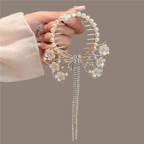 Venzina® Bow Hair Clip for Women Stylish Pearl Tassel Hair Bun Accessories for Women and Girls Tassel Hair Buns Claw Clip for Women Hair Accessories for Bride, Wedding, Daily, Party