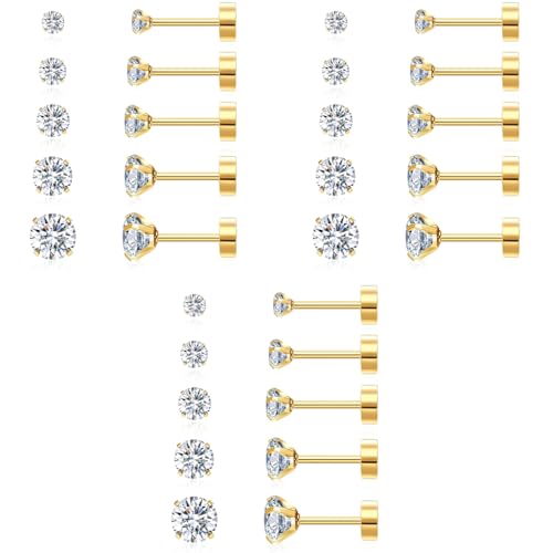 SANNIDHI® 5 Pairs Earrings for Women Flat Back Gold Cartilage Stud Cubic Zirconia 316L Stainless Steel Hypoallergenic Nickel-Free 3 4 5 6 8mm 3 PCS
