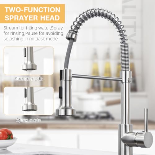 HASTHIP® Kitchen High Arc Faucet, Telescopic Stainless Steel Faucet for Kitchen Double Sink, 360 ° Flexible Spout with Assistant Retainer Arm, Stream & Shower Mode, with Installation Kit