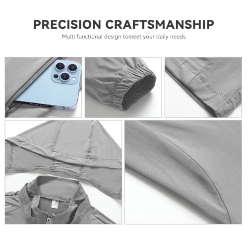 Venzina® UPF 50+ Sun Jacket for Women Long Sleeve Zip-up Sun Jacket with Zip Pocket, Removable Hat, Quick Dry Loose-fit UV Protection Clothing for Driving, Riding, Hiking, Grey, XXL