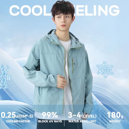 Venzina® Men's Lightweight Athletic Jacket Stylish UPF 50+ Sun Protection Top Quick Dry Full Zip Hoodie with Back Air Vent & Chest Zip Pocket, Waterproof UV Workout Coat for Outdoor, Light Blue, 2XL