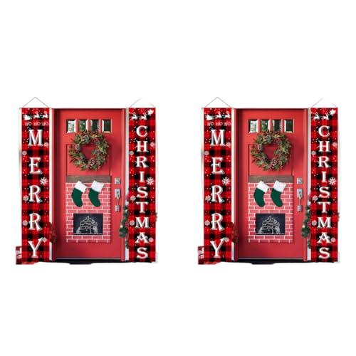HASTHIP® Christmas Decorations Outdoor Yard Front Porch Sign Set Red Black Buffalo Plaid Door Banner Hanging Merry Xmas Decor Home Indoor Wall Front 2PCS