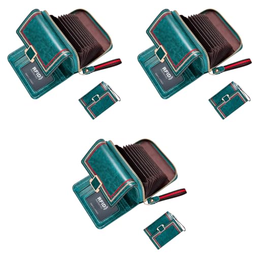 PALAY® Women Wallet Bi-fold Leather for Turquoise Vintage Card Bag Large Capacity Safe with RFID Blocking 3 PCS