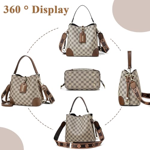 PALAY® PU Bucket Bag for Women Fashion Check Pattern Crossbody with Detachable Shoulder Belt Daily Versatile 3 PCS