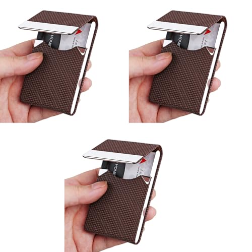 ZIBUYU® Business Card Holder, 6*9.5cm Metal Business Card Case Classy Business Card Holder for Men Women PU Leather Visiting Card Holder Name Card Holder Case with Magnetic Clasp, Brown 3 PCS