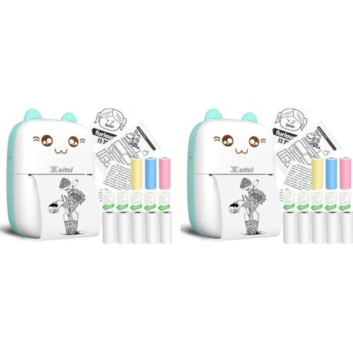 Zeitel® Mini Bluetooth Thermal Printer Portable Label Inkfree for Android and iOS System Black on White with 13 Roll Print Paper Stickers Blue 2 PCS