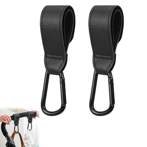 SNOWIE SOFT 2Pcs Hanging Hook for Pram Stroller Hanging Clip Adjustable PU Leather Pram Clip with Quick Release Carabiner Design Universal Attaching Buckle for Stroller, Bike, Pram, Pushchair