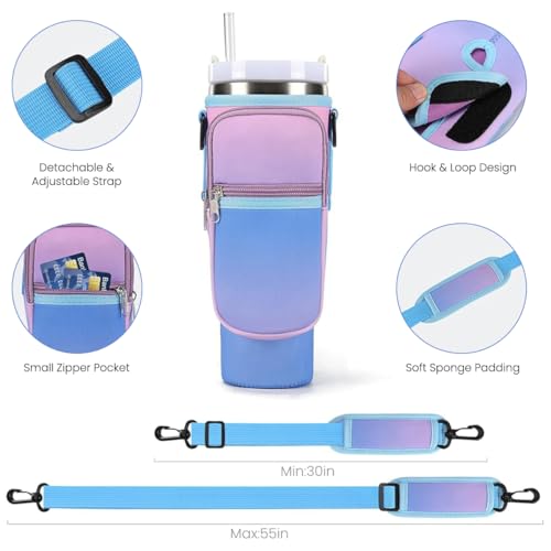 HASTHIP® Water Bottle Carrier Bag for Stanley 40 30 oz Tumbler with Phone Pocket Holder Strap Neoprene Pouch Cup Accessories Gradient Purple 3 PCS