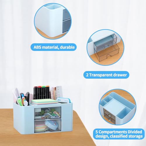 ZIBUYU® SkyBlue Pencil Pen Holder Desk Organizer, 2 Drawer & 5 Compartment ABS Plastic Stationery Storage, Waterproof Desktop Organizer for Office, School, Home, Makeup & Art Supplies, Cute Blue
