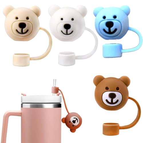 ZIBUYU® Joy 4Pcs Bear Silicone Straw Toppers for Stanley 30/40 Oz, 10mm Multicolor Tip Covers, Food Grade, Dustproof, Leak-Proof, Reusable, Cute Stanley Cup Accessories for Outdoor Gifting
