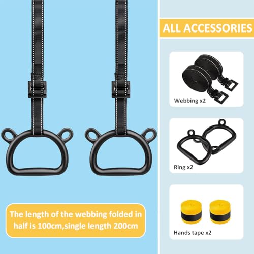 Proberos® Kids Gymnastic Rings 2 Pair with Adjustable Heavy-Duty Nylon Strap, Rubberized Grip, 360Lbs Loading, Durable Design, Ideal for Home Fitness, Gym & Outdoor Training for Kids & Teens