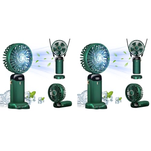 HASTHIP® Hand Fan Mini Handheld 3000mAh Rechargeable with 5 Speeds Battery Operated Foldable Desk Desktop Fans LED Display for Home Office Bedroom Outdoor Travel Green 2 PCS