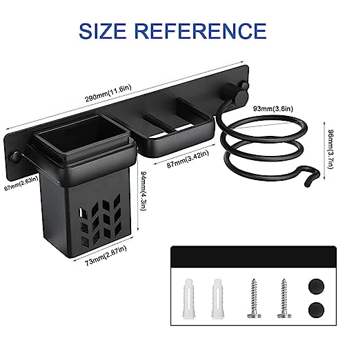 HASTHIP® 3 in 1 Hair Dryer Stand for Wall Mounted Rack Blow Holder Styling Care Tool Organizer Storage Basket with Plug Hook Black 3PCS