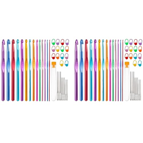 HASTHIP® 74PCS Crochet Hooks Set Ergonomic Handle with Stitch Markers Large Eye Blunt Needles Multicolor Aluminum Knitting Needles for Arthritic Hands