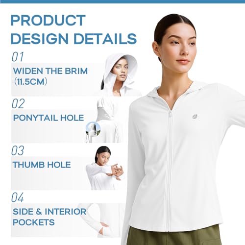 Venzina® Women's UPF 50+ Sun Protection Cooling Hoodie Jacket, Full Zip, Wide-Brim Hat, Face Shield, Quick-Dry, Lightweight, Outdoor Hiking Sunscreen Clothing, White-2, XL, Ponytail Friendly