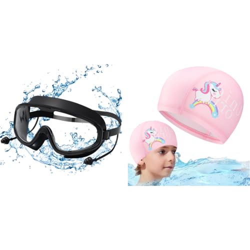 Proberos® Adult Swim Goggles with Integrated Ear Plugs, Anti-Fog Big Frame for Swimming, Surfing, Kayaking, Plus Silicone Swimming Cap for Kids, Boys & Girls, Combo for Pool & Water Sports