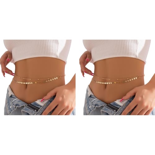 SANNIDHI® Waist Chain for Women Set of 4PCS Sequin Gold Plated Belly Chains 2-Layered Beads Coin Dainty Body Jewelry Bikini Beach Wear 39in Long Adjustable