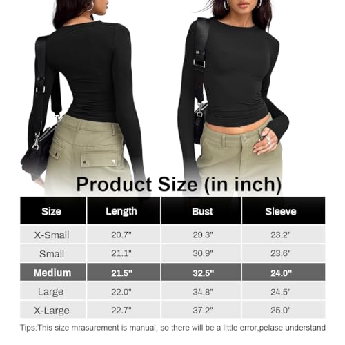 PALAY® Fashion Women Basic Top Stretchy Long Sleeve Basic Layer Clothing Crew Neck Crop Tops Y2K Tops Slim Fitted Top for Girls Base Layer, Size M