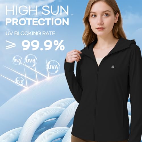 Venzina® Women's UPF 50+ Athletic Jacket Long Sleeve Lightweight Sunscreen Protective Clothing UV Sun Protection Full Zip Cooling Hoodie for Women for Outdoor Hiking, Black-2, L