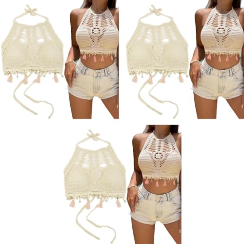 PALAY® Women's Summer Beach Backless Crochet Halter Bikini Crop Top Crochet Hollow Out Tassle Embroidery Knit Boho Beachwear 3 PCS