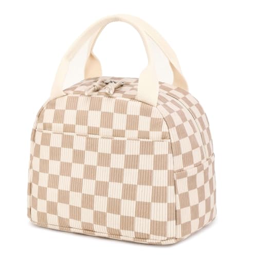 HASTHIP® Bolsa de Almuerzo Grande Aislada de Corduroy - Tote Reutilizable con Forro Impermeable Antifugas, Asa Resistente, Bolsa Térmica para Oficina, Picnic, Trabajo o Viaje - Beige