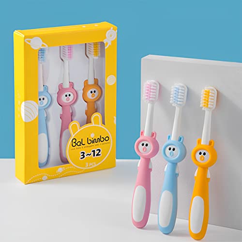 HANNEA® 3pcs kids toothbrush, Kids Manual Toothbrush with TPR Tongue Scraping Soft Bristle Cartoon Toothbrush for 2+ Years Boys and Girls, Toothbrush for Kids Oral Care