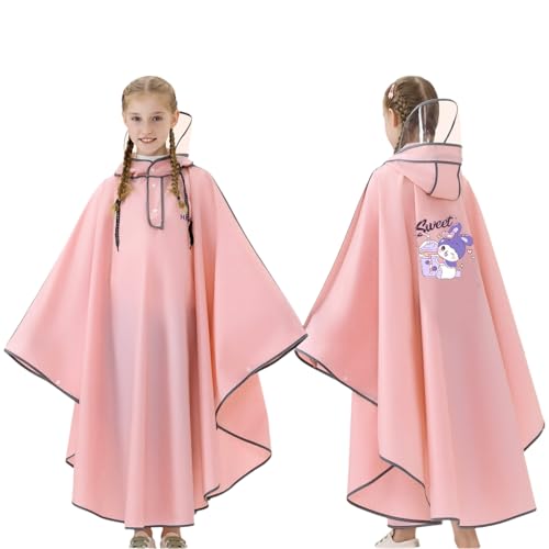 PATPAT® Bicycle Rain Poncho Rain Coat for Kids Girls, Outdoor Hooded EVA Rain Poncho with Clear Wide Brim, High Collar Rain Coat for School, Camping, Hiking, Riding, 3XL, Pink
