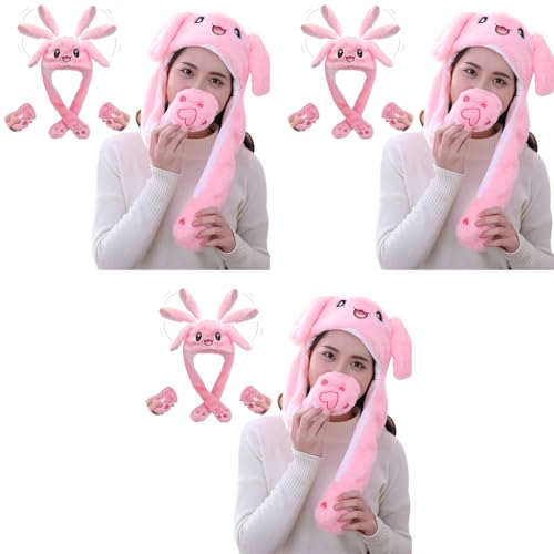 PATPAT® Plush Animal Bunny Dancing Ears Hat, Rabbit Moving Ear Flaps and Press Paws for Girls Women Kids (Pink) 3 PCS