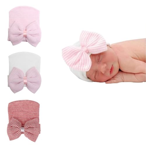 SNOWIE SOFT® 3pcs Newborn Infant Hat for 0-3 Month Ultra Soft Cotton Infant Hats 3-Color Stripped Bow Knot Turban Hat Tie-up Bow Beanie Caps Baby Shower Gift