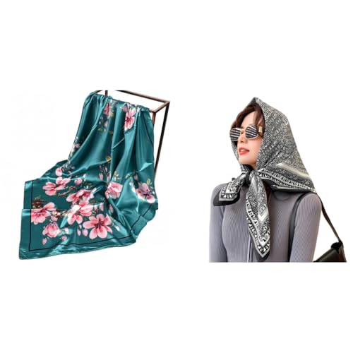 PALAY® Silk-Feel Satin Square Scarf Combo for Women, Green Print & Black, 35in Head Scarf for Hair Wrapping, Crafts, DIY, Scrapbooking, Journaling, Planners, Pillow Cover Use