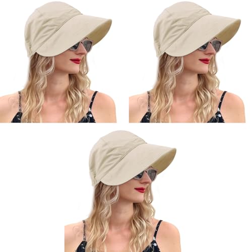 PALAY Sun Hat for Women Fashion Wide Brim Caps Summer Bucket Hats Lightweight Quick Dry Cap Beach Cycling Travel Beige Drawstring Closure 3 PCS