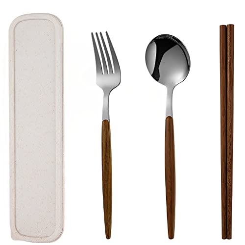 HASTHIP® 430 Stainless Steel Fork Spoon Chopstick, 3Pcs Cutlery Set with Wooden Handle Design, Portable Utensil with Storage Box Tableware Set for Picnic Camping Travel & Outdoor Lunch (Silver)