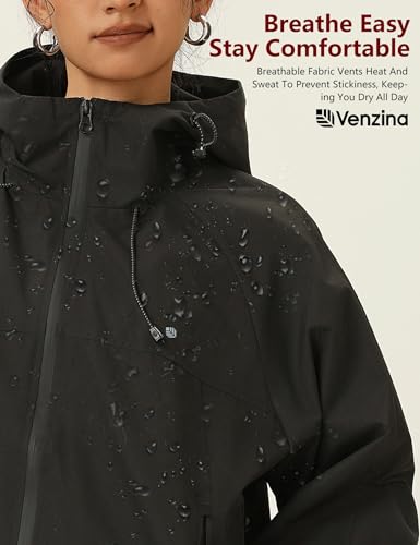 Venzina® Outdoor Hiking Jacket for Women Windproof, Splashproof Hoodie with Pockets, Dual-Way Waterproof Zipper, Loose Fit Long Sleeve Fashion Outdoor Couple Jacket for Hiking, Daily-Black-S